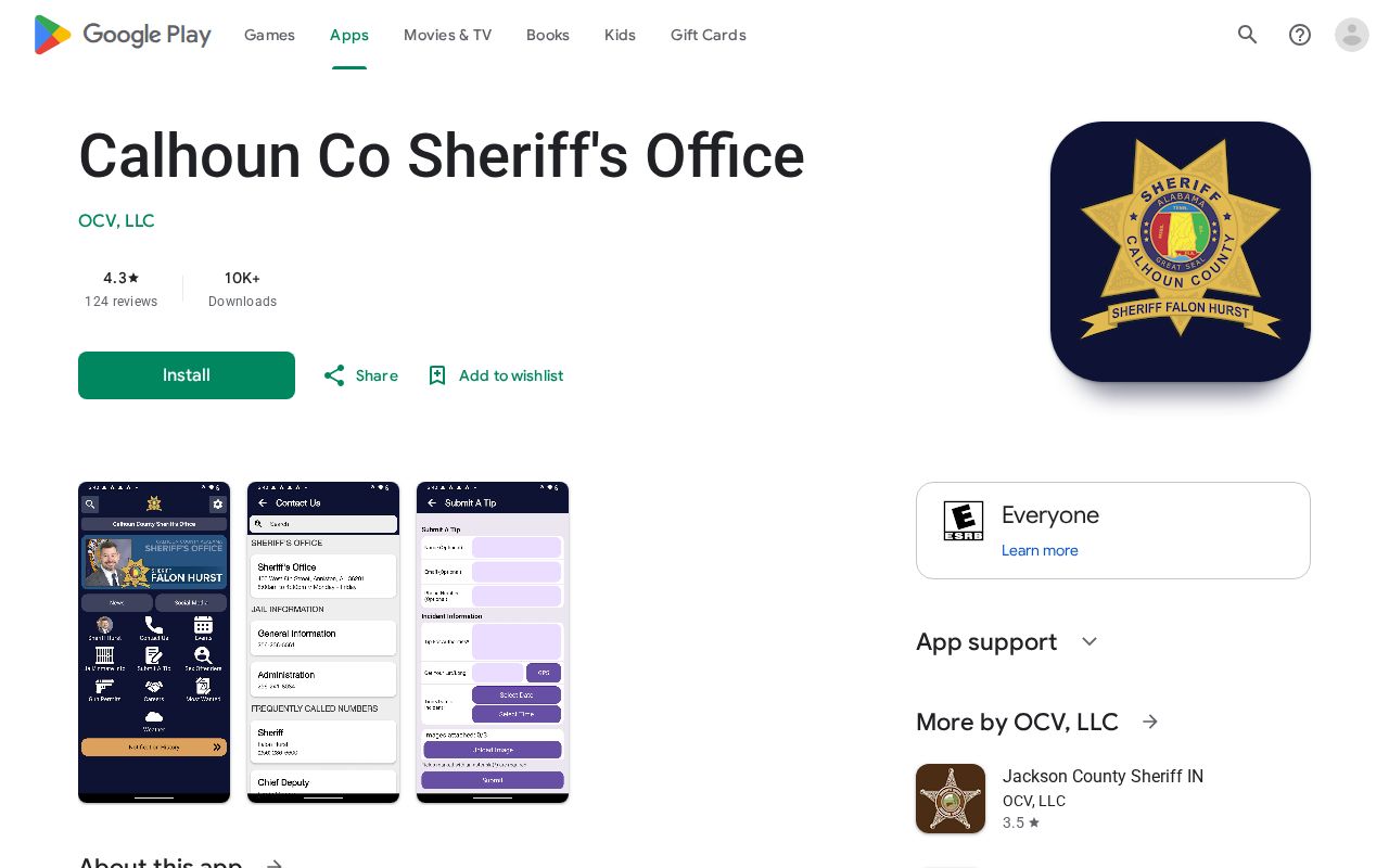 Calhoun County sheriff app screenshot showing the official Calhoun Co Sheriff's Office listing