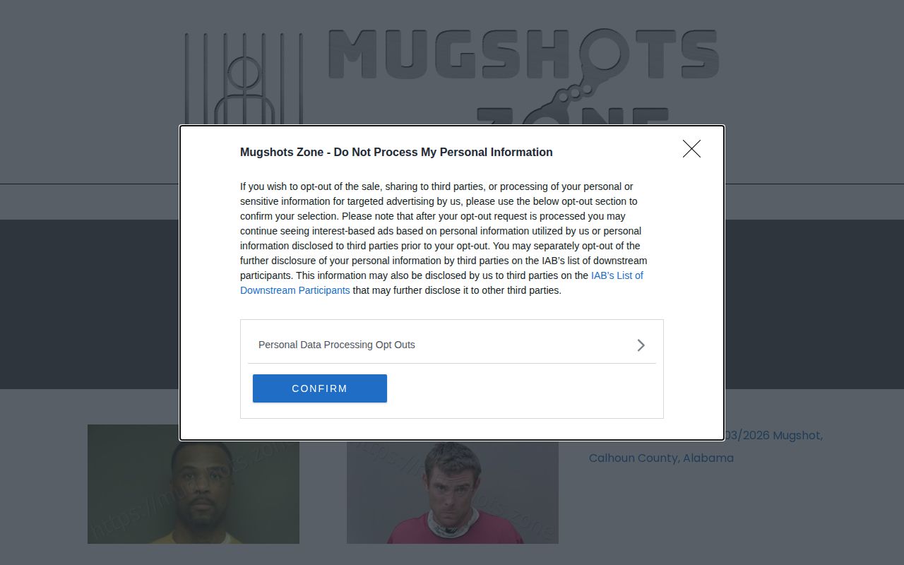 Calhoun County Mugshots.zone screenshot showing dated arrest posts with charges and bonds