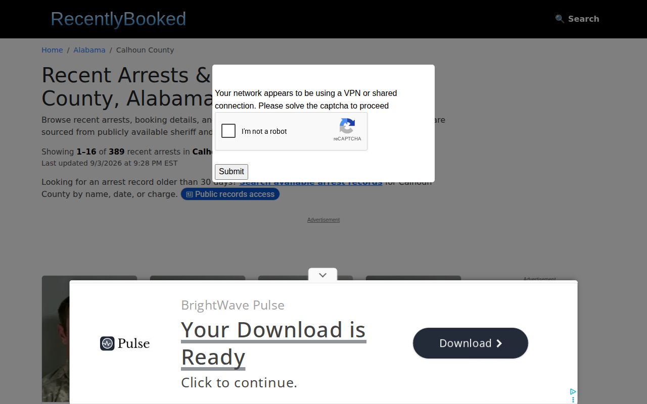Calhoun County RecentlyBooked screenshot showing a recent arrests listing with names and booking details