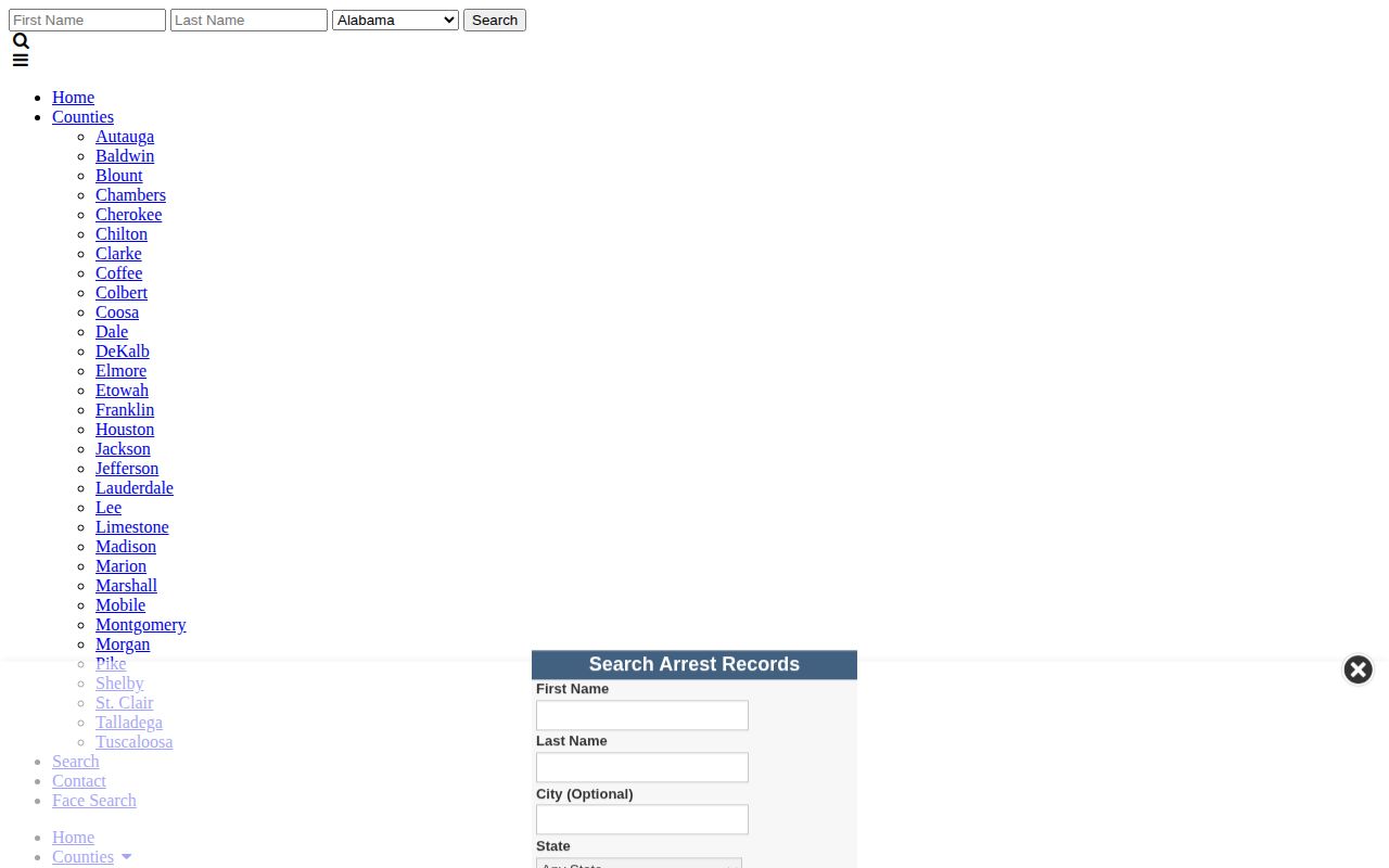 Calhoun County Alabama Arrests screenshot showing a statewide county selector without a Calhoun listing