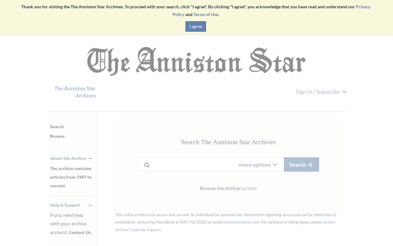 Calhoun County Anniston Star archive screenshot showing the newspaper's public-record search page