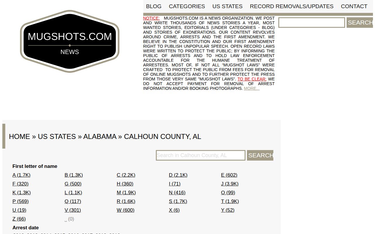 Calhoun County Mugshots.com screenshot showing an older arrest archive browsable by date