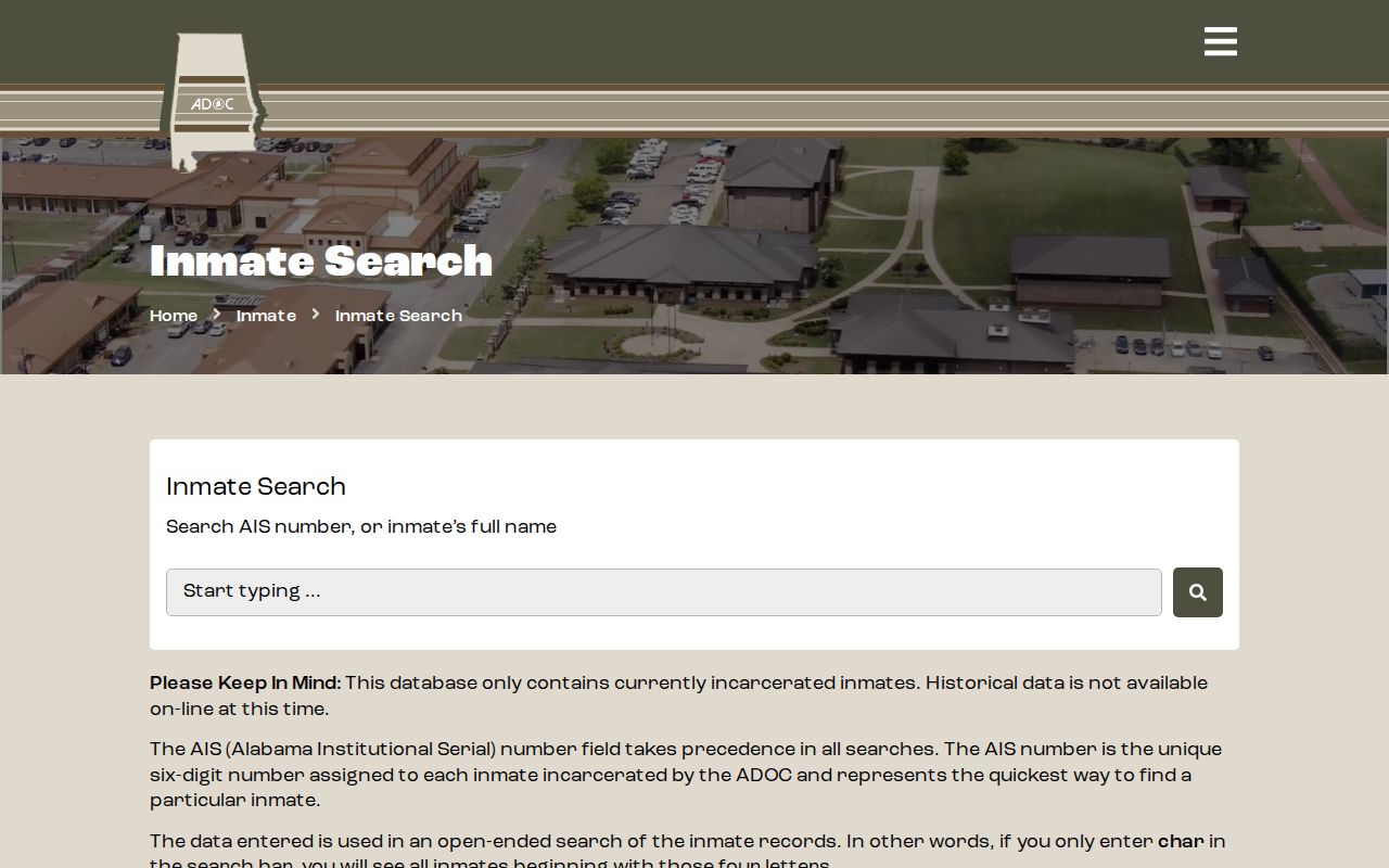 Alabama Department of Corrections inmate search page