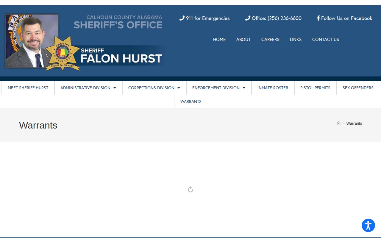 Calhoun County Sheriff's Office warrants search table with name, date, and charge columns