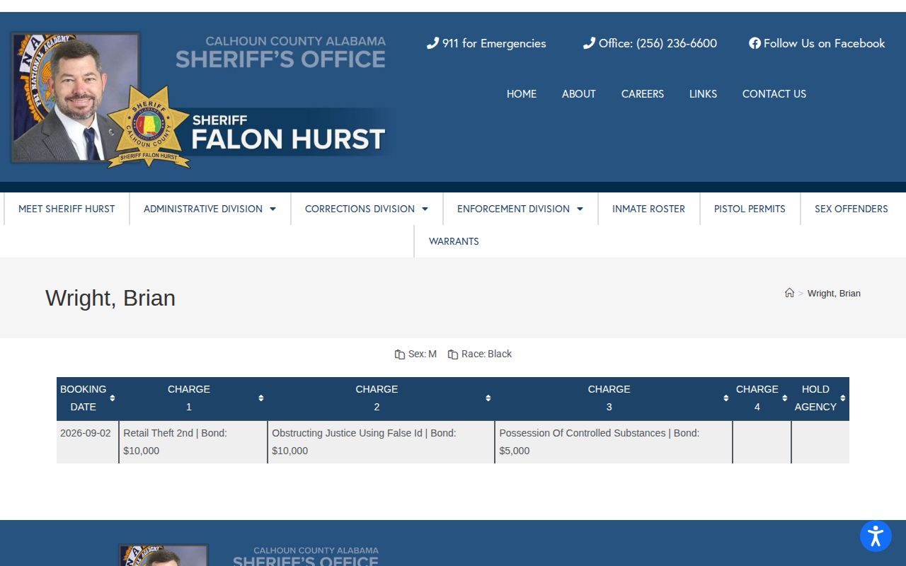 Official Calhoun County inmate detail page showing booking date, charge, bond, sex, race, and hold agency fields