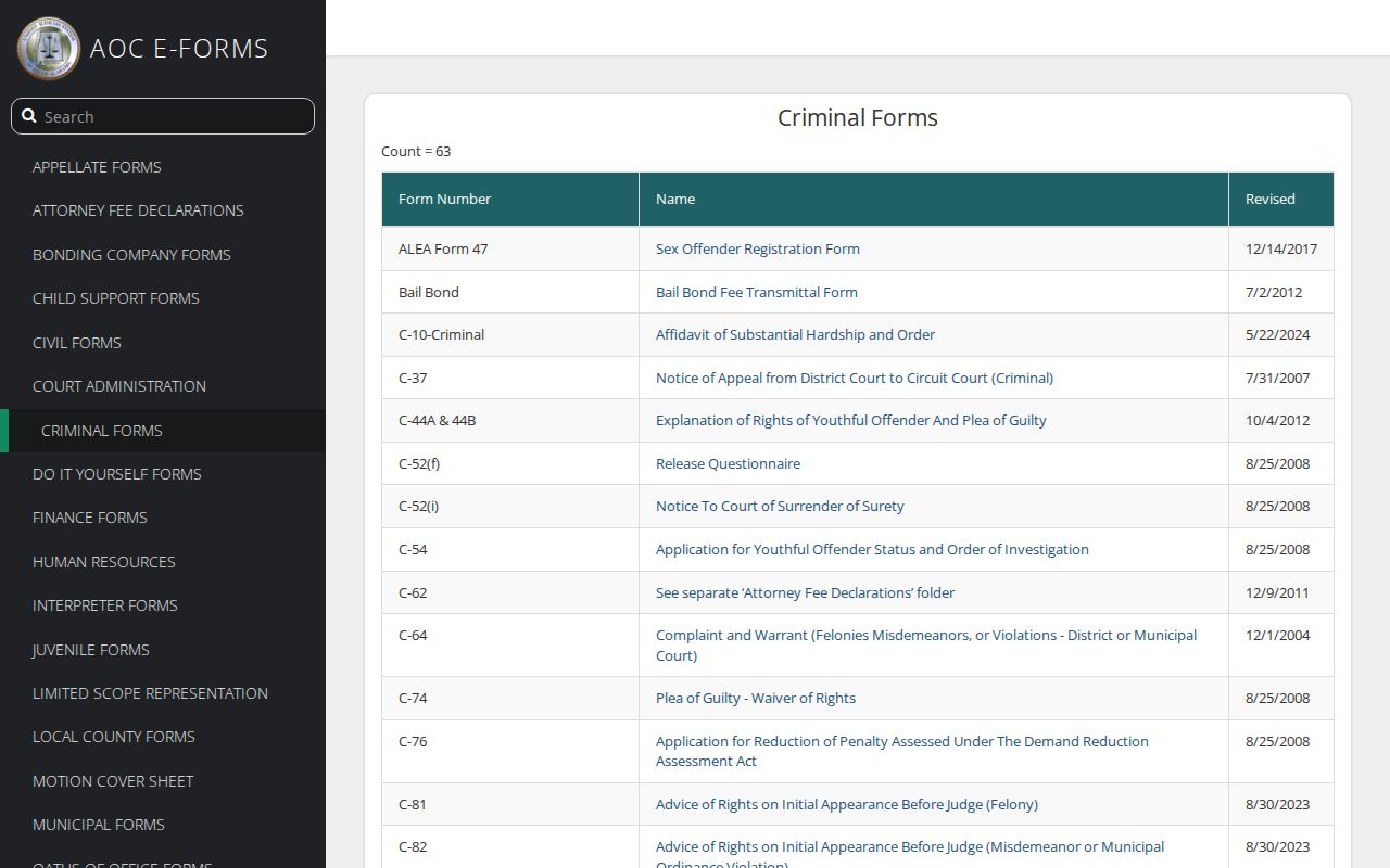 Alabama Administrative Office of Courts criminal forms listing including form CR-65