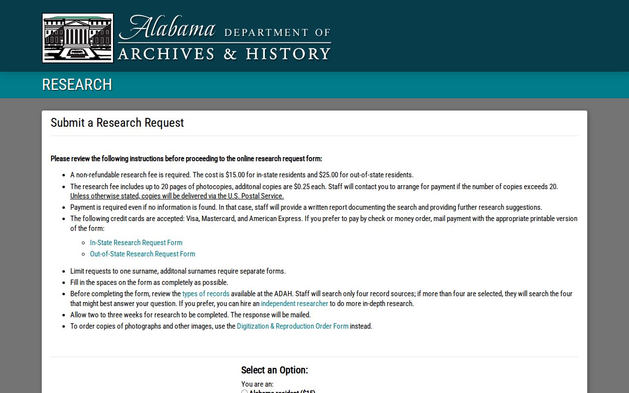 Alabama Department of Archives and History research request page