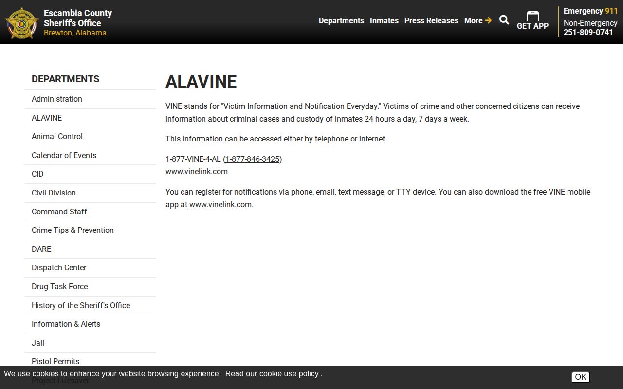 Calhoun County VINELink screenshot showing the Escambia County Sheriff's Office AlaVINE page