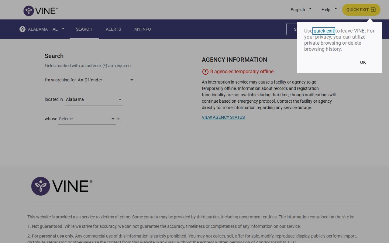 Calhoun County VINELink screenshot showing the Alabama person search screen with name and ID fields