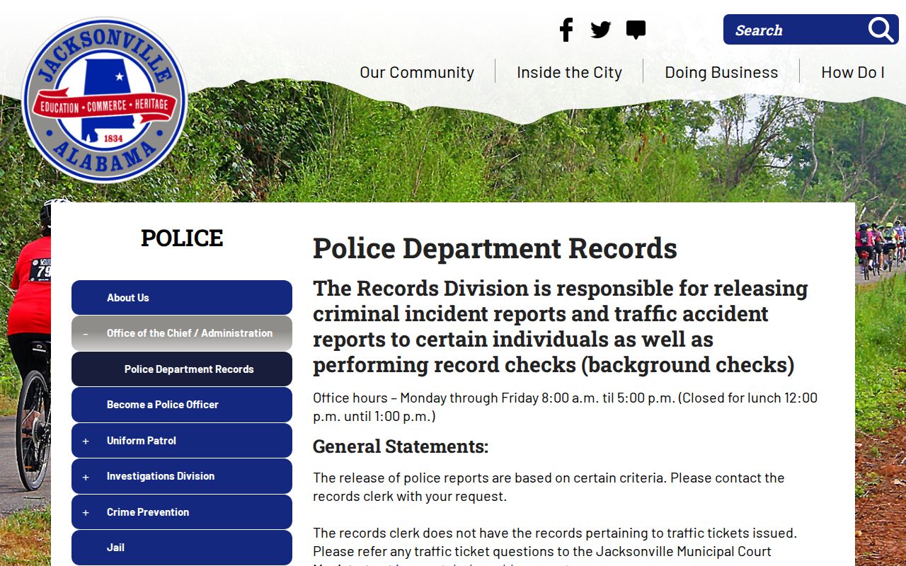 Jacksonville police records division page screenshot showing report release rules and arrest history verification