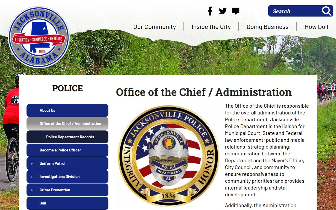 Jacksonville police administration page screenshot showing the chief and department contact details