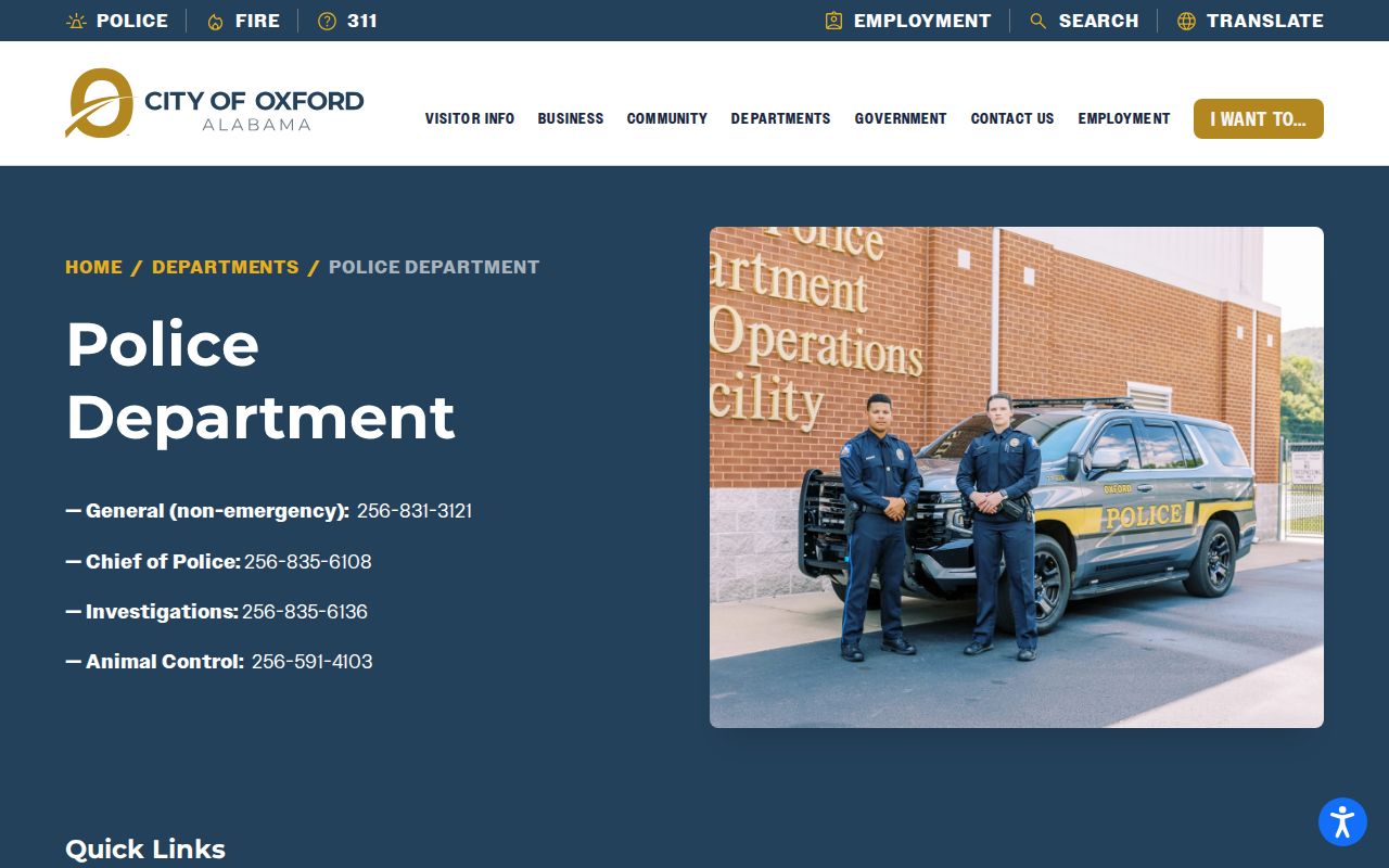 Oxford Police Department official page screenshot showing services and contact details with no arrest log